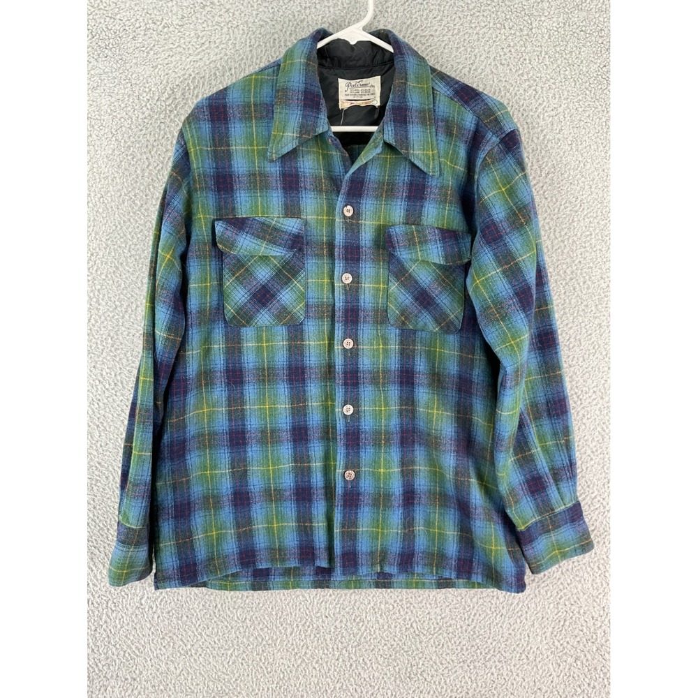 Palermo Heavy Flannel Shirt Mens L Button 16 Blue Green Plaid Wool Blend Vintage